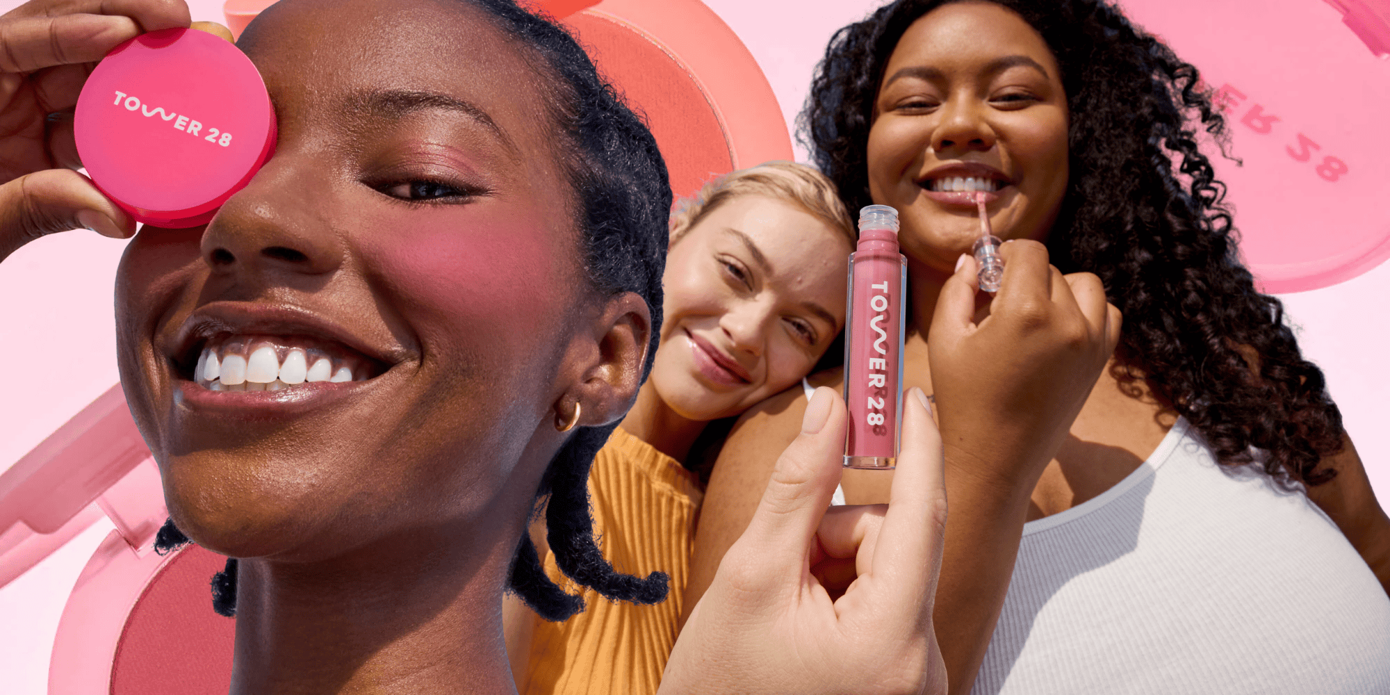 collage of 3 Tower 28 models holding blush and lipgloss