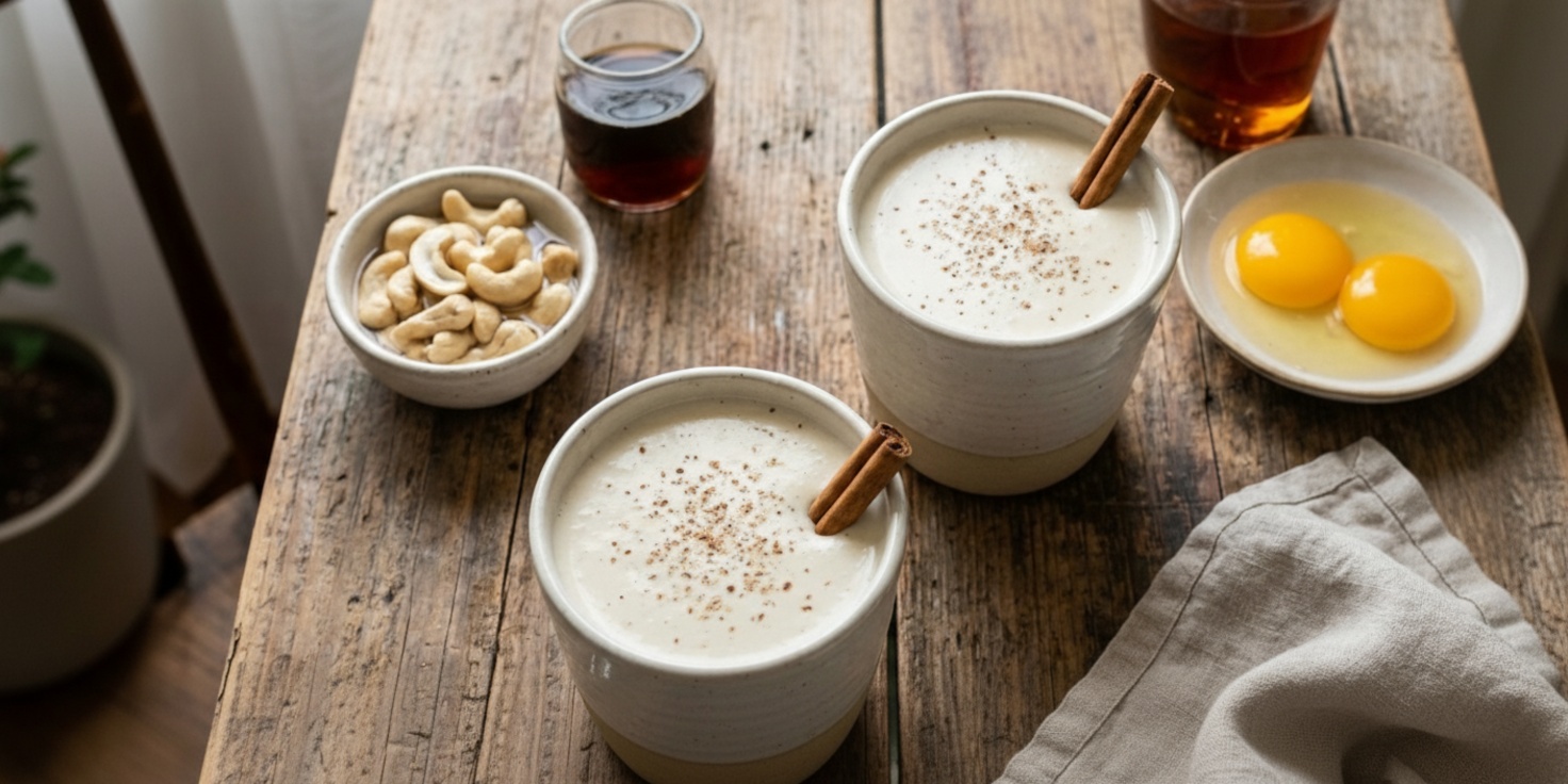 Table containing eggnog cups, cinnamon on a wooden table.