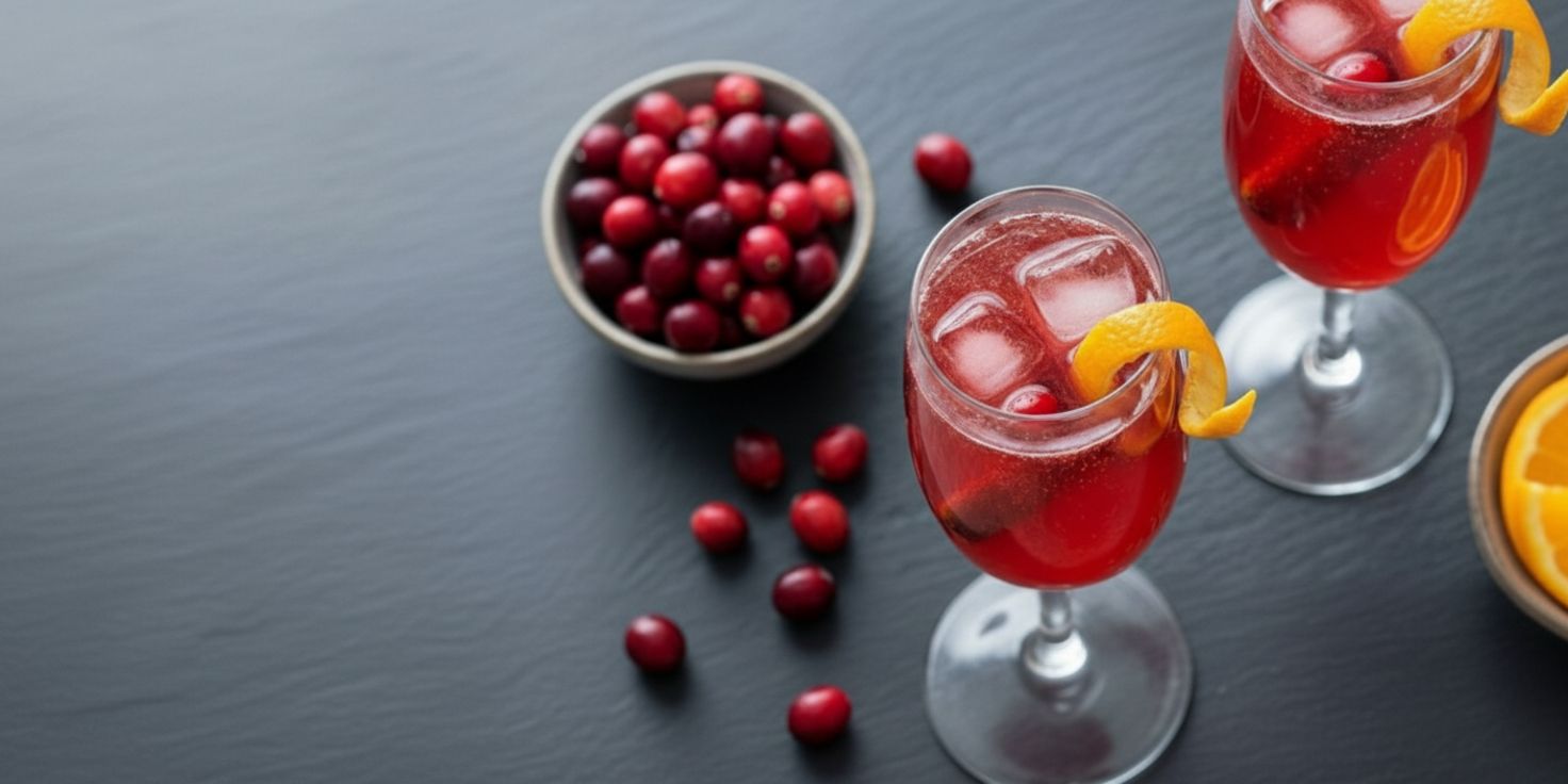 Table with 2 glasses of cranberry juice either orange peels. 