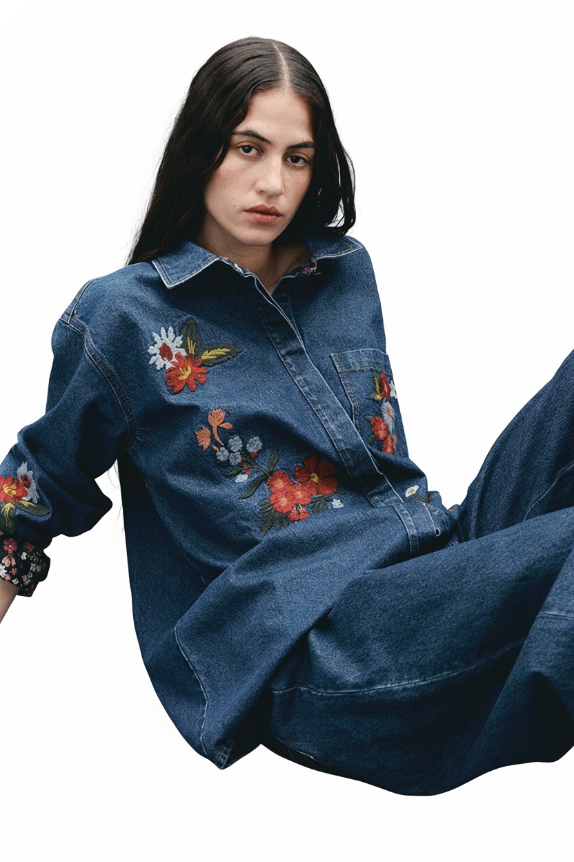 Ozla Denim Embroidered Floral Shirt
