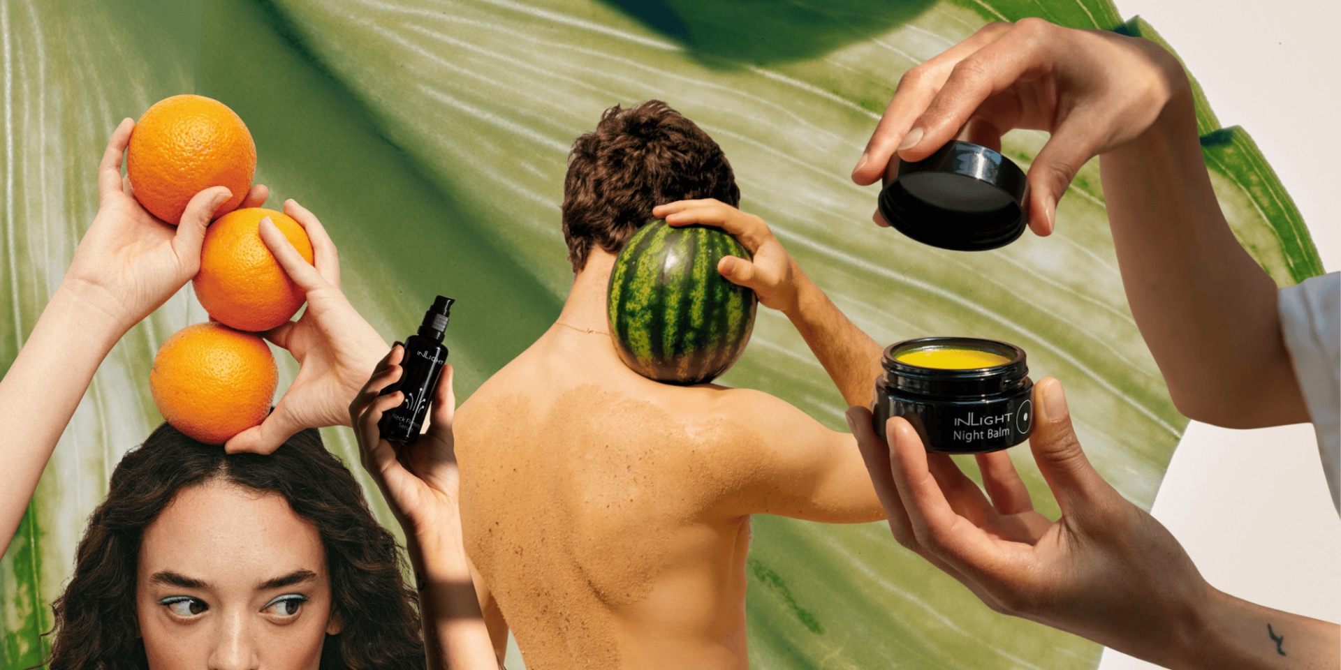 collage of models holding fruit