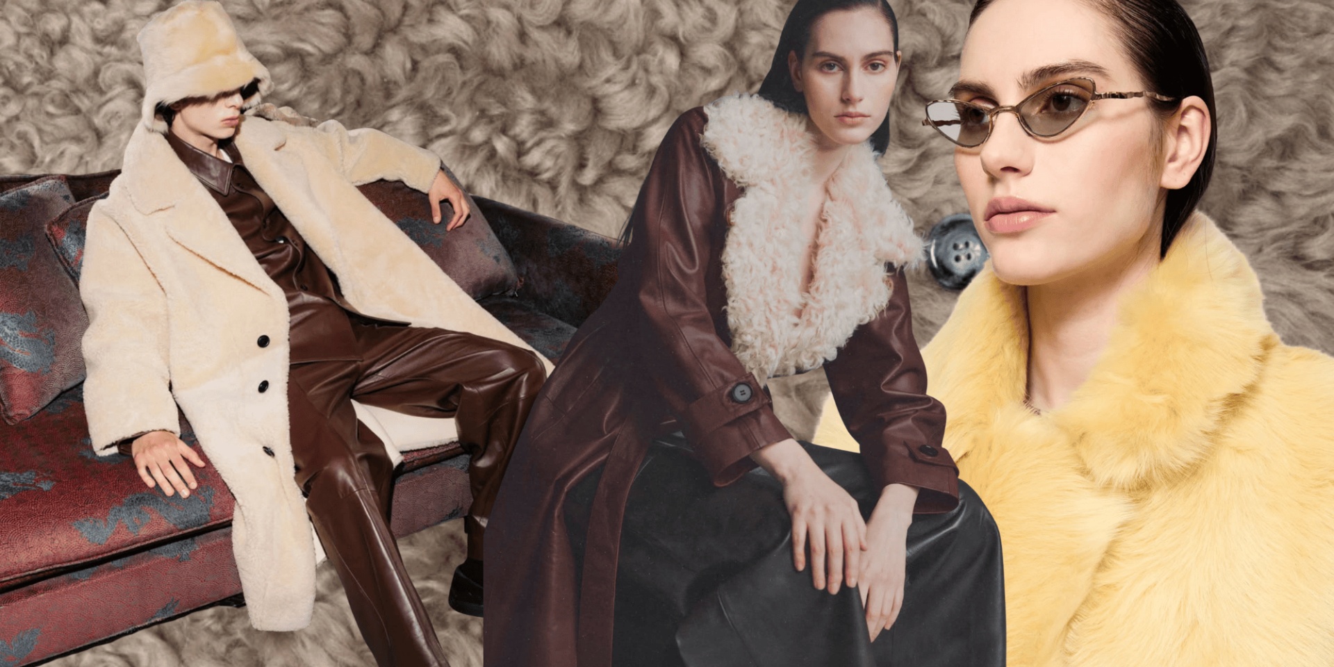 collage of models wearing shearling coats