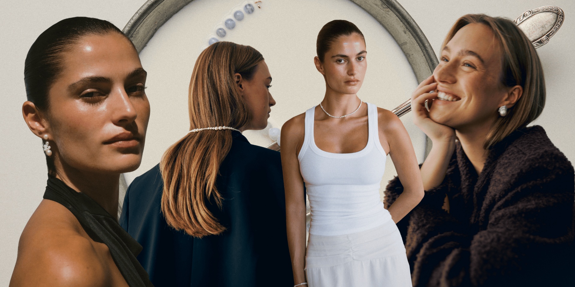 collage of our models wearing pearl jewellery