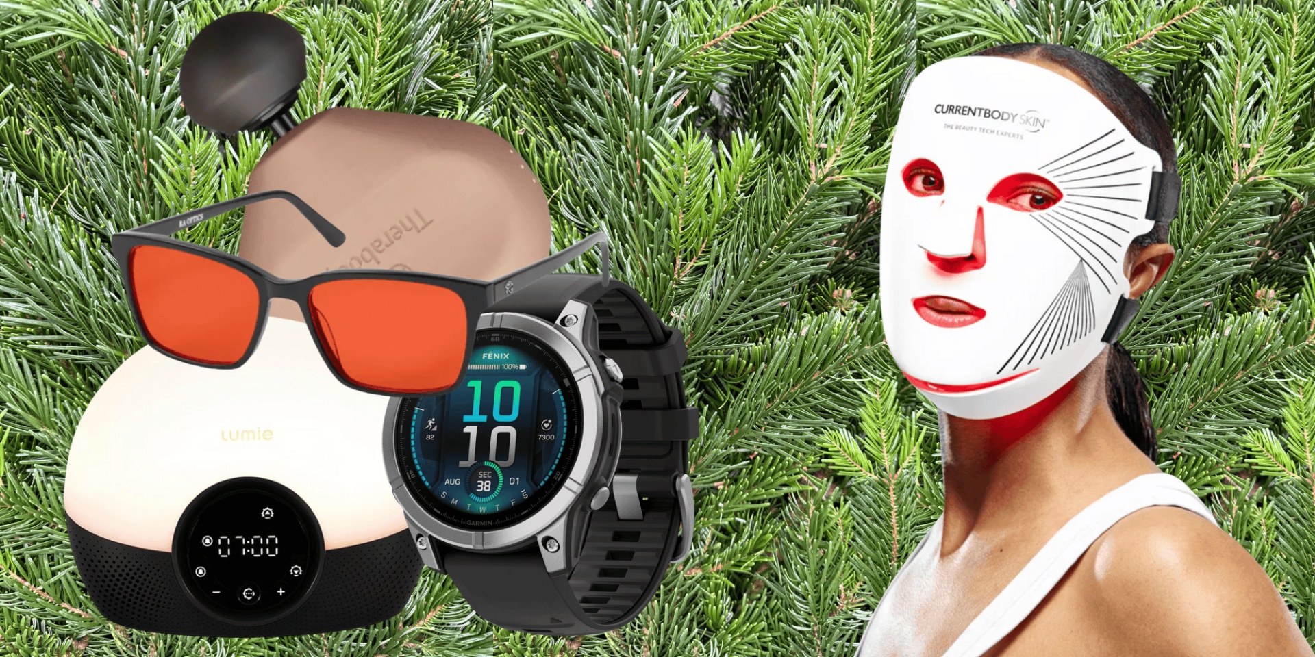 collage of well-tech gifts and woman wearing red light mask
