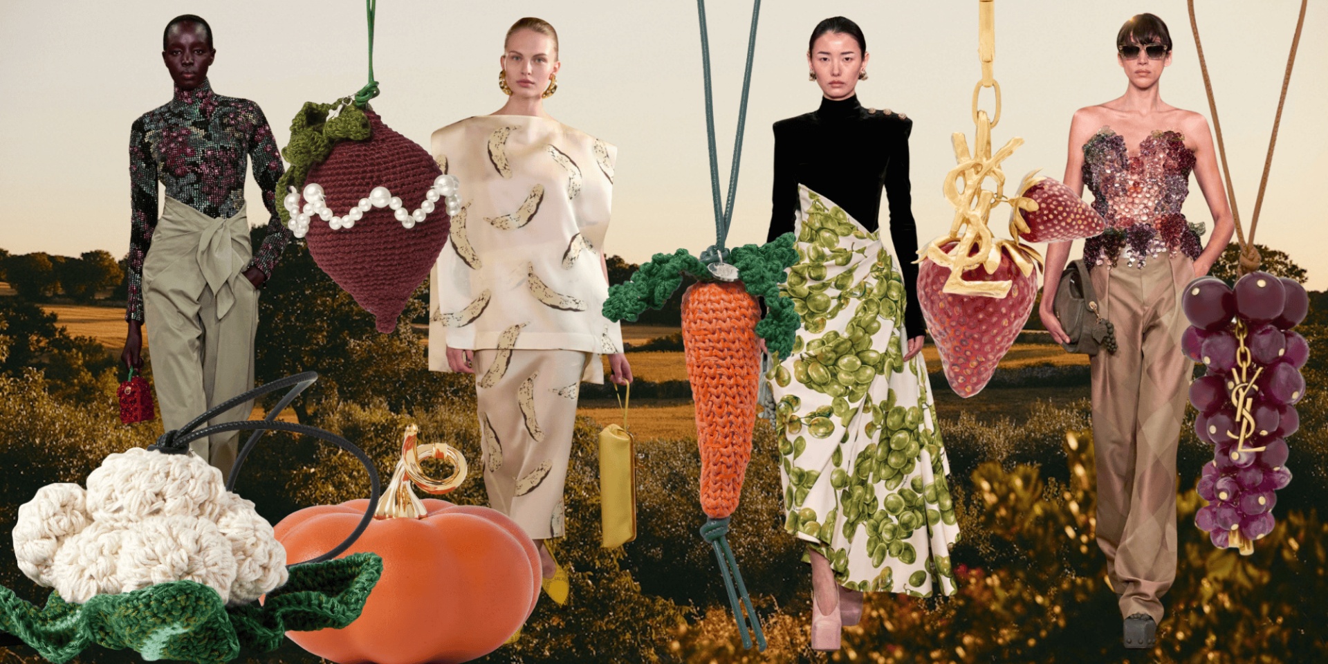 collage of models and fruit bag charms