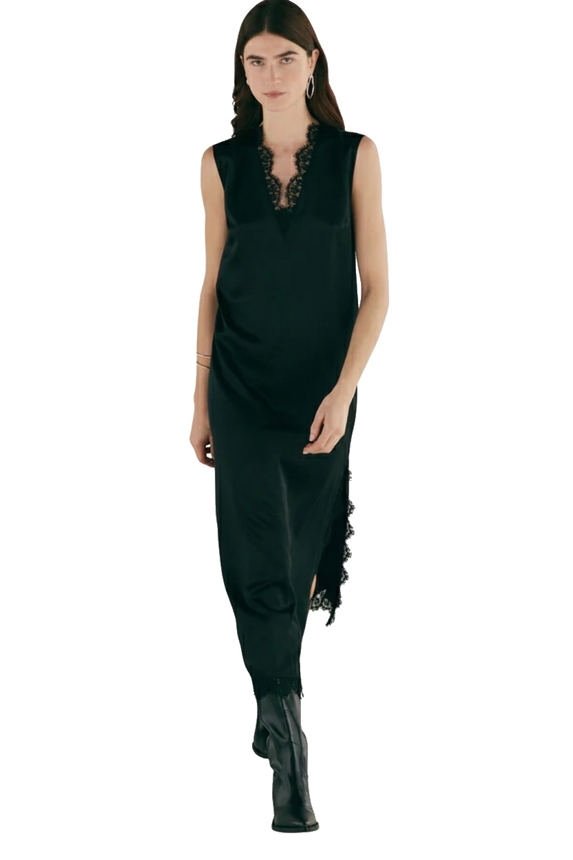V Neck Black Lace & Silk Slip Dress Silk