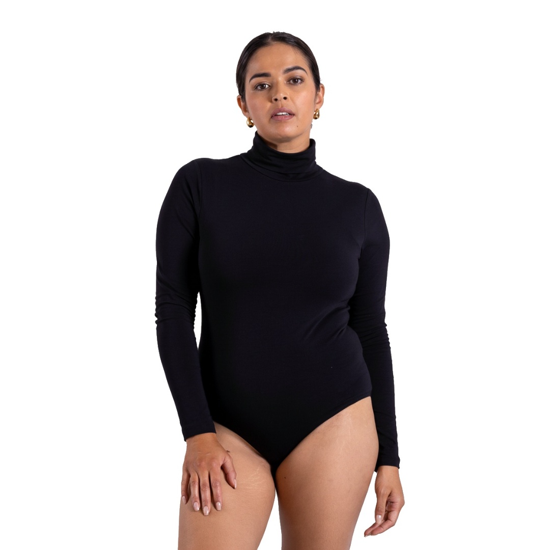 Bodysuits - Organic Cotton Long Sleeve Roll-Neck Bodysuit, Black