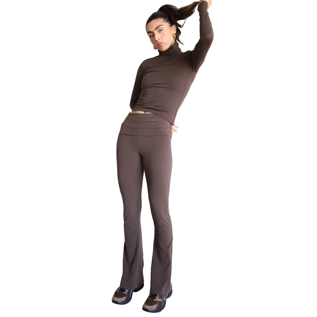 Leggings - Organic Cotton Foldover Flared Leggings, Hot Fudge