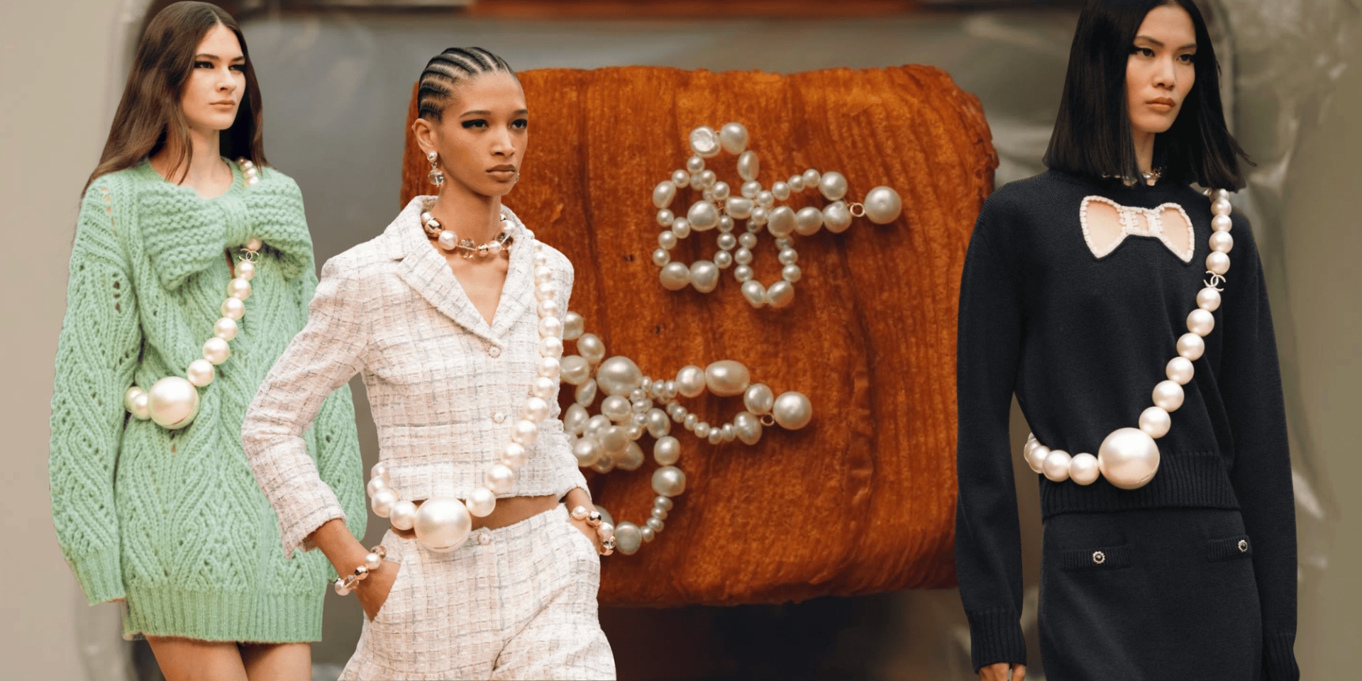 collage of models wearing pearls