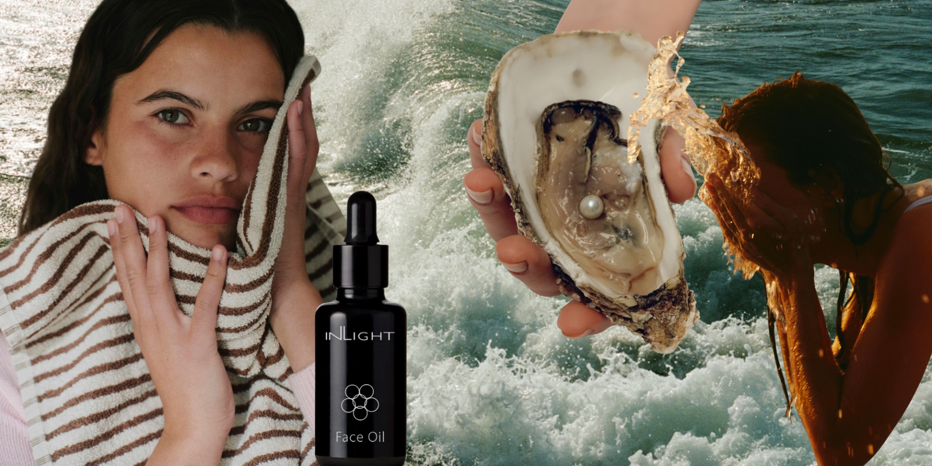 collage of water and water-free skincare