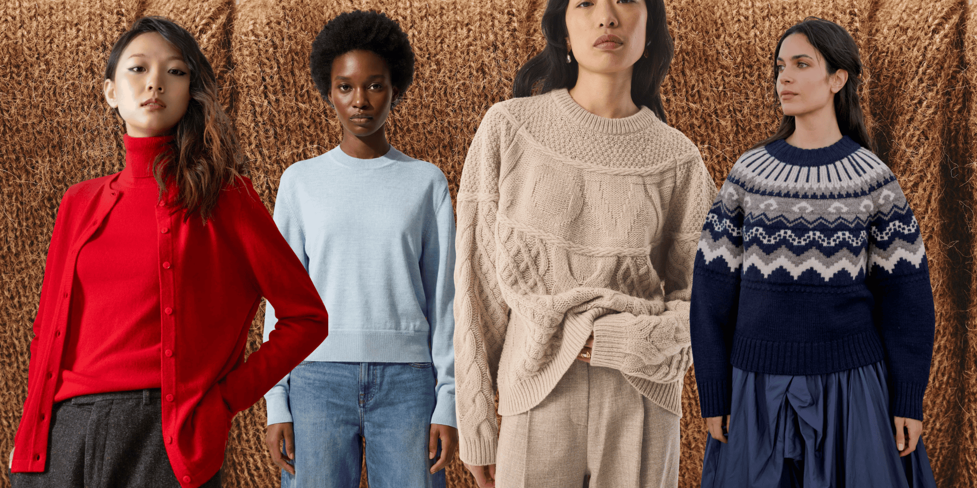 collage of models wearing women's jumpers: Kiltane, Sheep Inc, Akyn, Herd