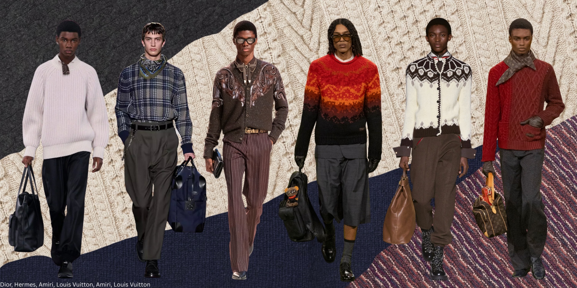 AW26 Menswear runway knitwear collage: Dior, Hermes, Amiri, Louis Vuitton, Amiri, Louis Vuitton
