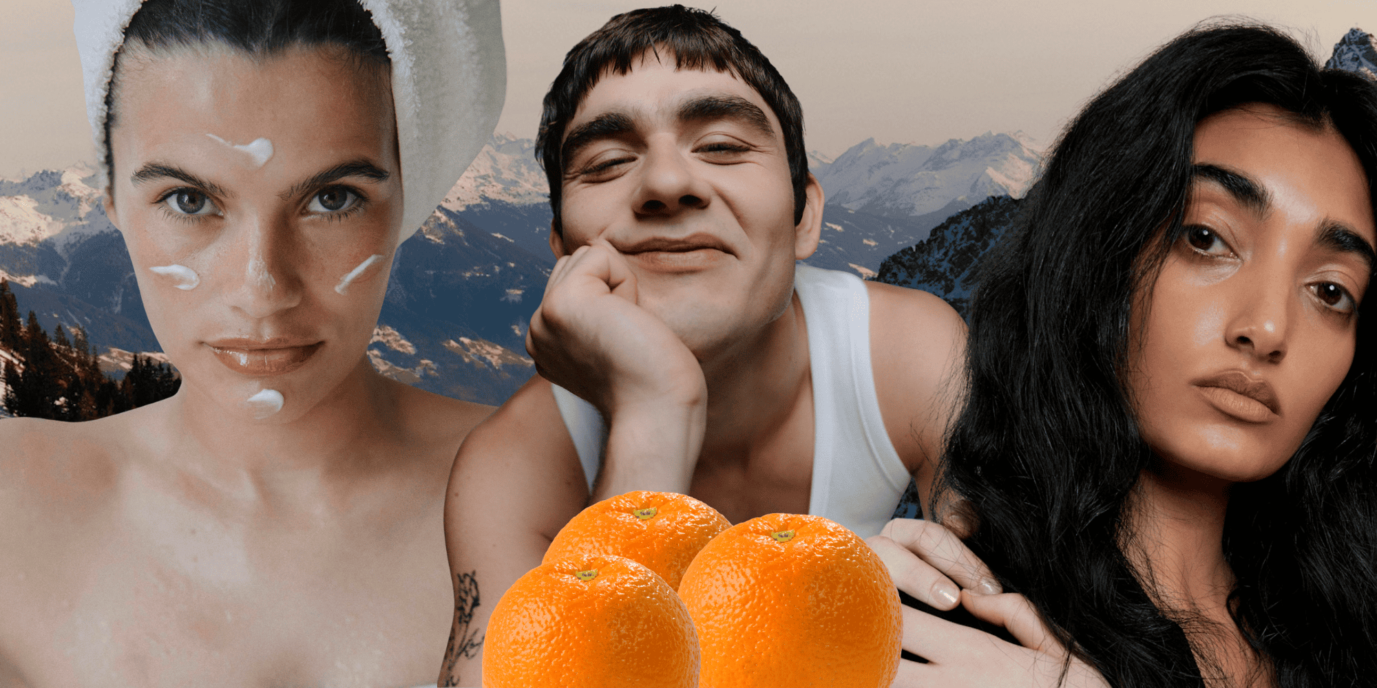 collage of three models faces with three oranges