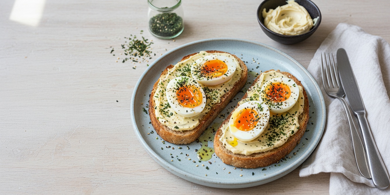 Sea Greens Soft-Boiled Eggs with Whipped Miso Butter On Sourdough on plate