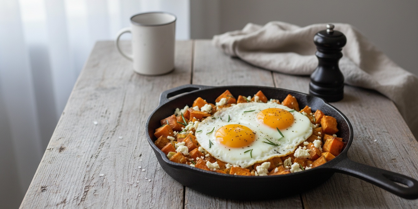 Sweet Potato, Rosemary & Feta Breakfast Hash in skillet