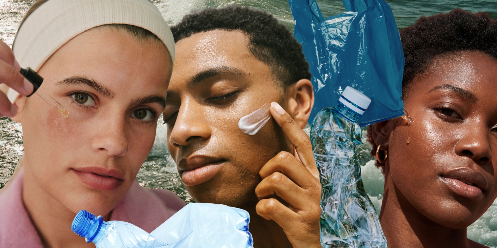 collage of faces and plastic bottles