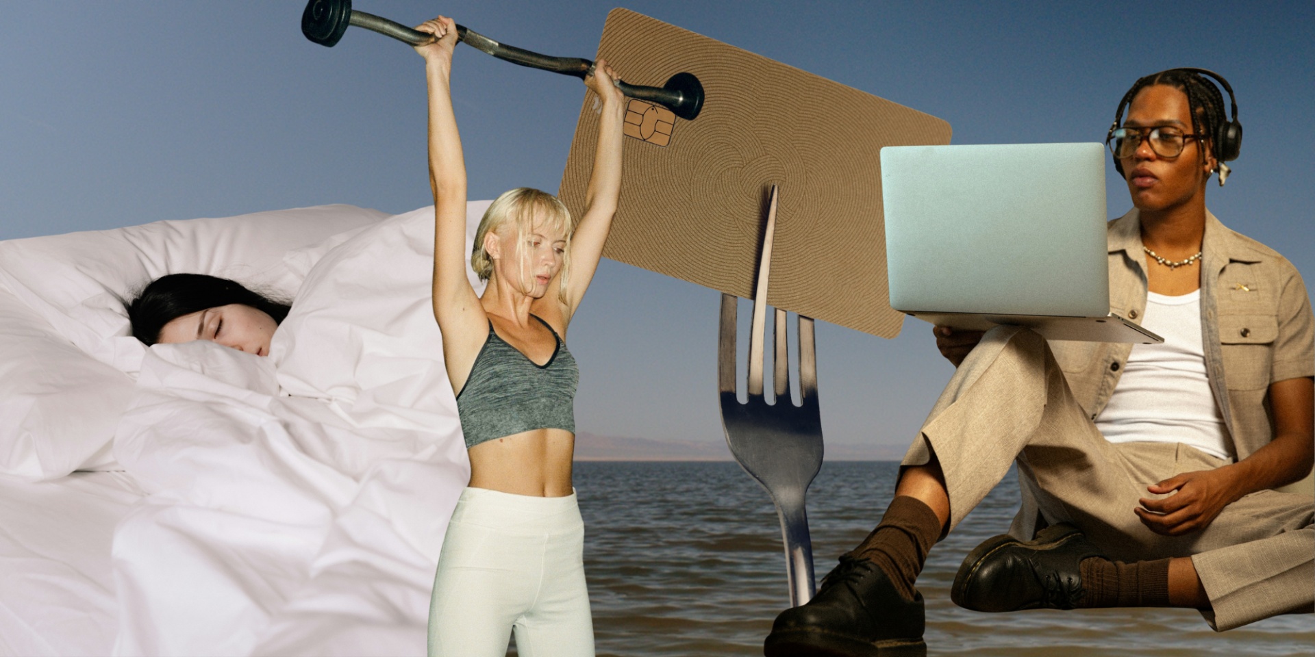 sleep, weight lifting, credit card and work on laptop collage