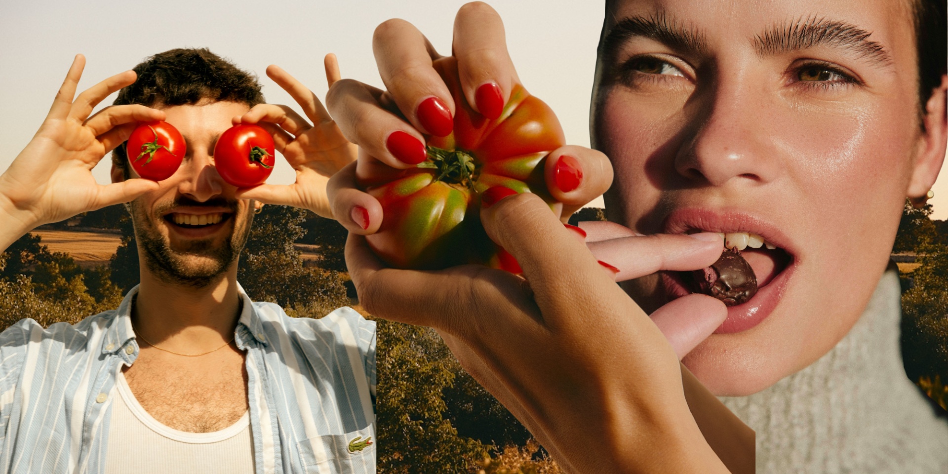 man eating tomato, hands holding tomato, woman eating chocolate