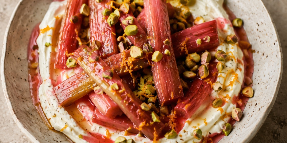 Roasted Rhubarb, Vanilla & Labneh With Pistachio Crunch