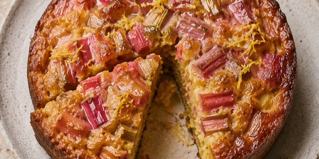 Rhubarb, Lemon & Olive Oil Polenta Cake