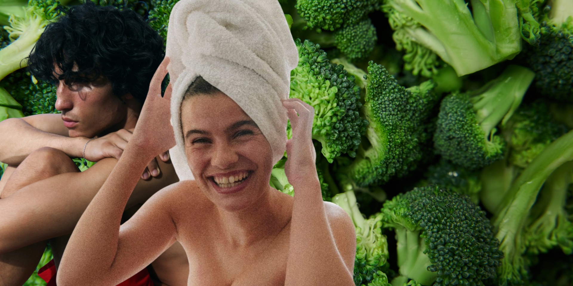 man and woman face on broccoli background
