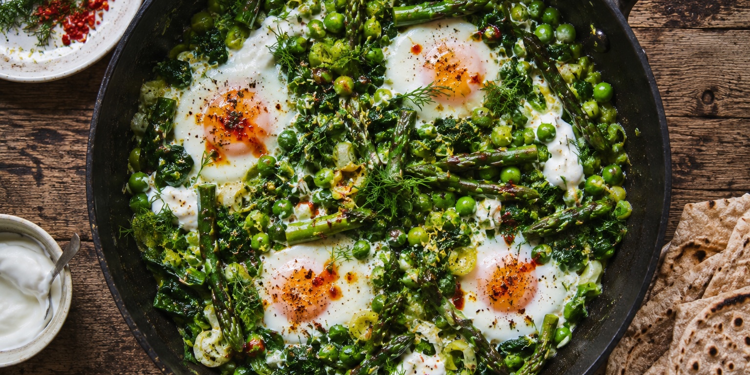 Green Shakshuka With Asparagus, Peas & Spinach