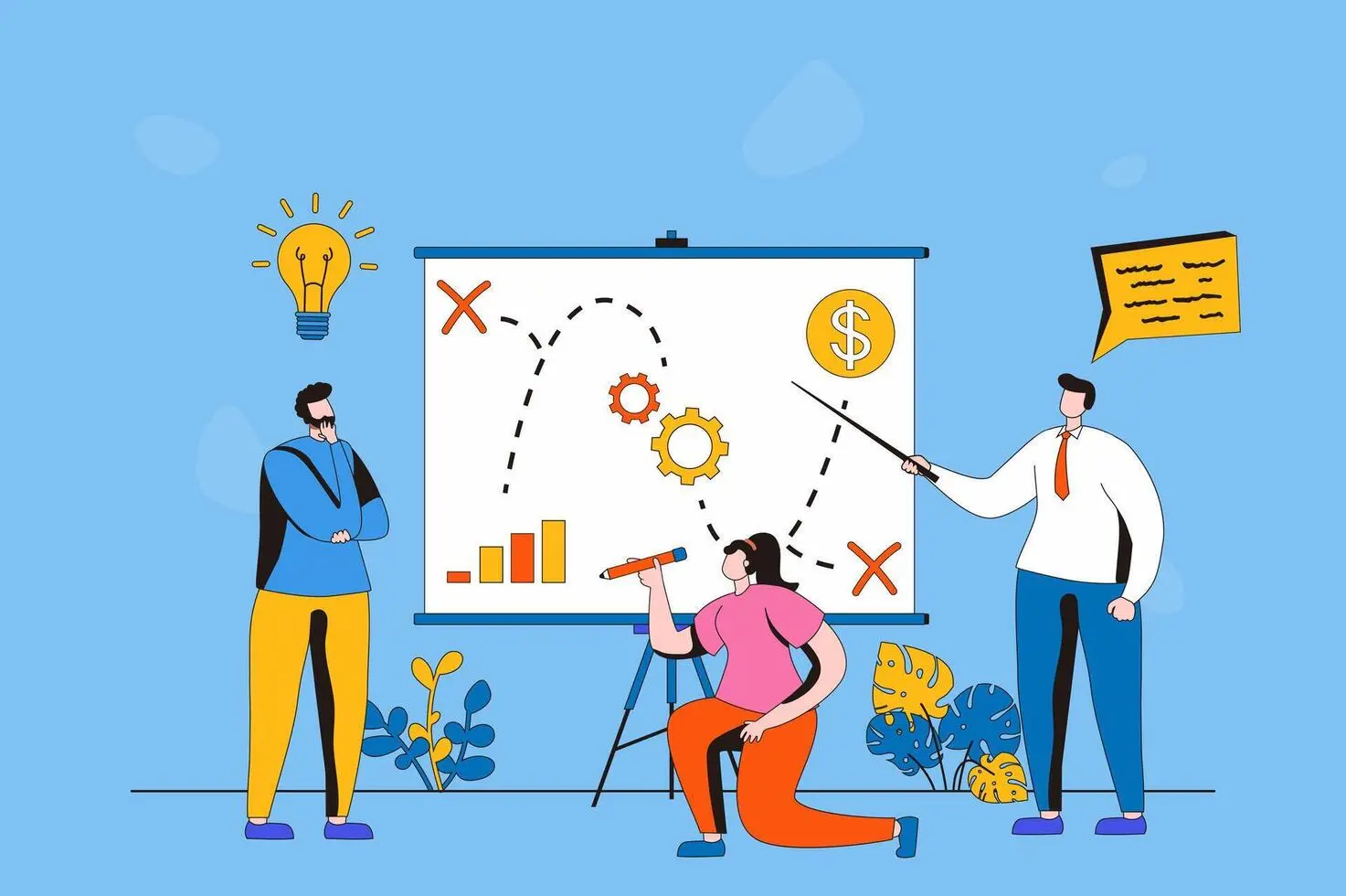 Illustration of team analyzing customer experience data and performance metrics — representing TCXA’s CX data measurement and performance services.