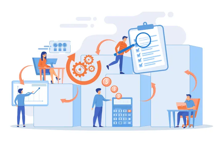 Illustration of teams optimizing workflows and integrating systems — representing TCXA’s CX process enablement and integration services for operational efficiency.