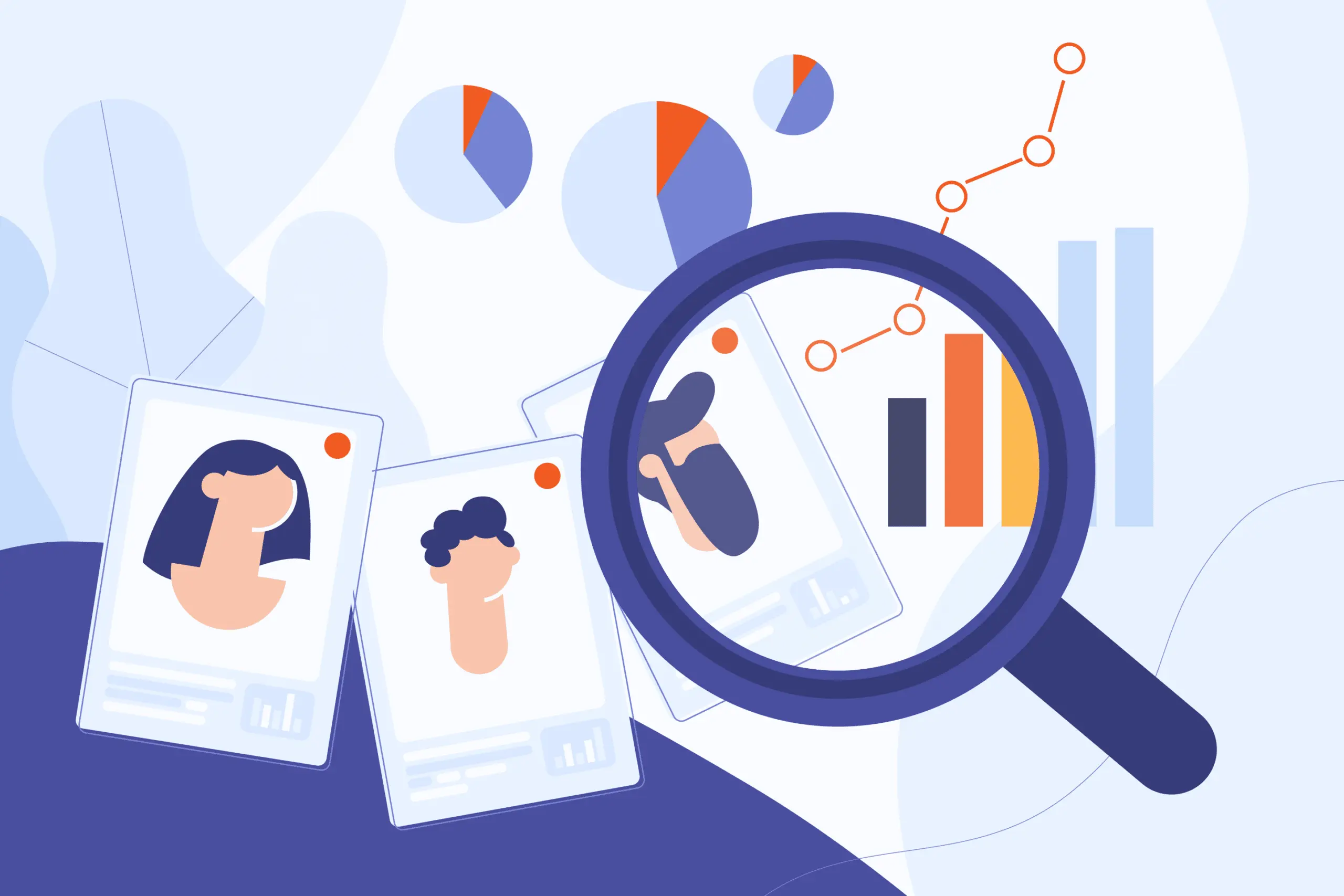 Illustration showing consumer research and data analysis — magnifying glass examining user profiles and behavior charts, representing TCXA’s customer insights services.