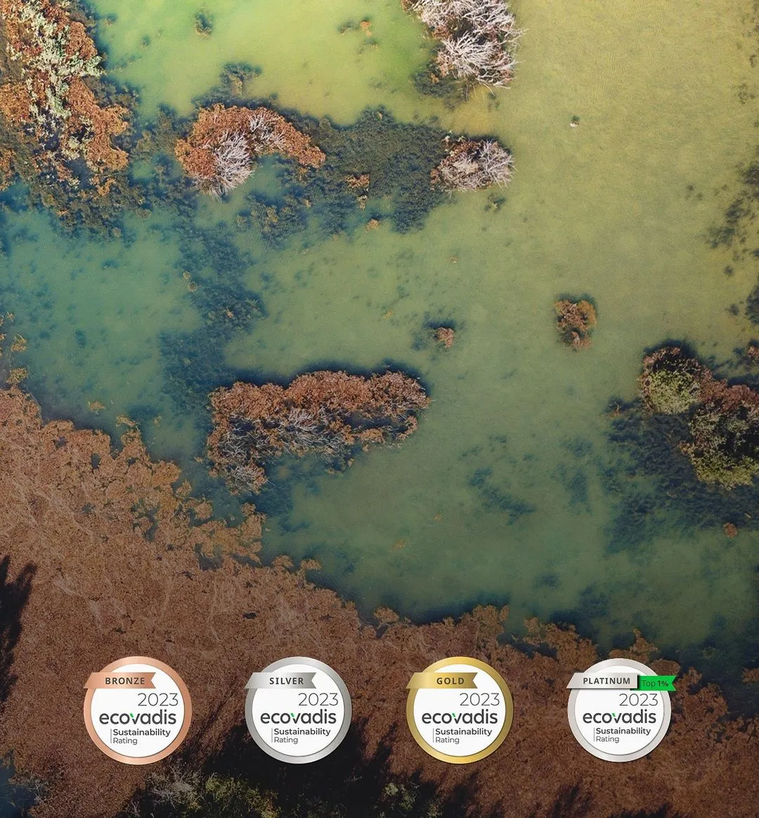 une photo de nature avec des badges de certifications Ecovadis allant du bronze au platinum