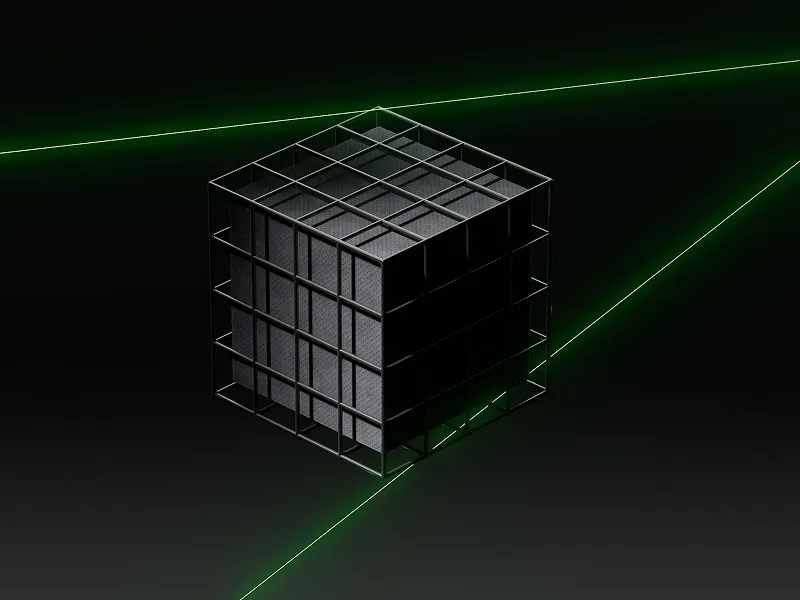 3D black cube with grid-like outer frame and inner textured surface on a dark background with green laser lines.