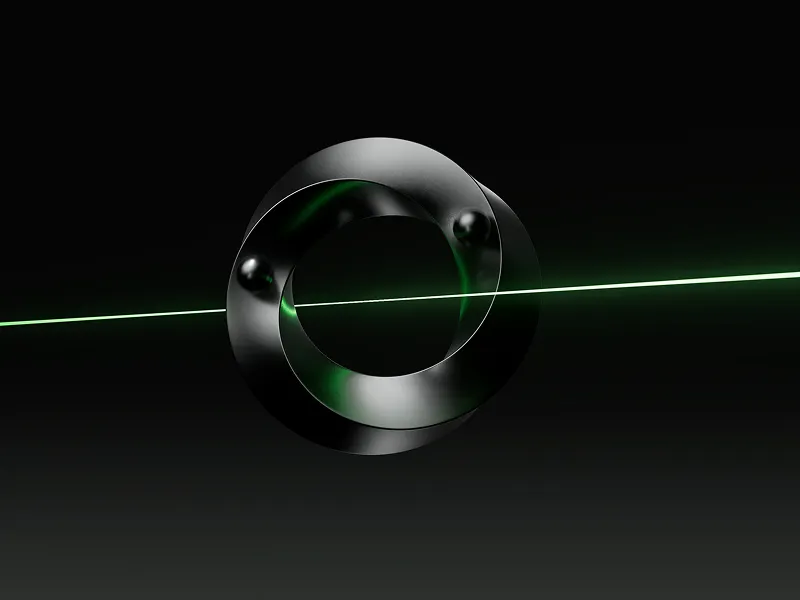 Black metallic interlocking rings with a green glowing line passing horizontally through the center on a dark background.