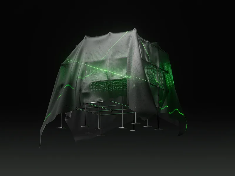 Transparent dark fabric with glowing green lines draped over a metallic frame structure against a black background.