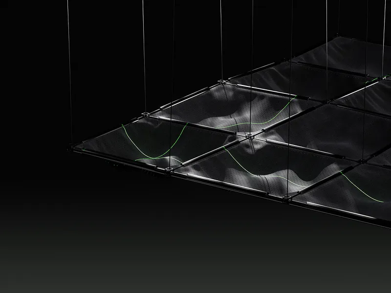 Suspended grid structure with fabric-like surfaces displaying green and white curved lines on a black background.