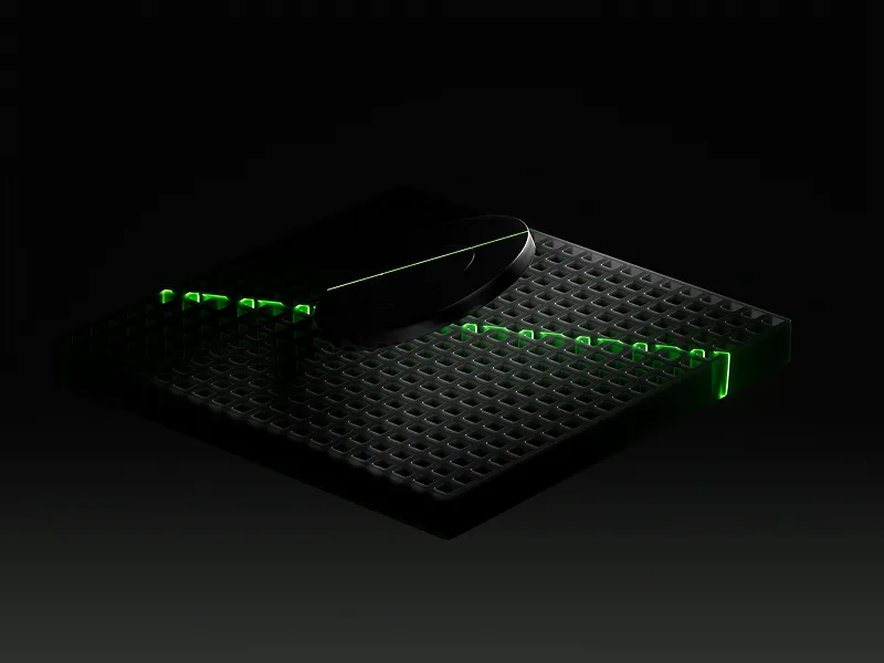 Black gaming mouse on a textured black rectangular mousepad with green LED illumination.