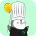 Cartoon rabbit wearing a tall chef's hat, a black scarf, and a small round yellow earring on its left ear.