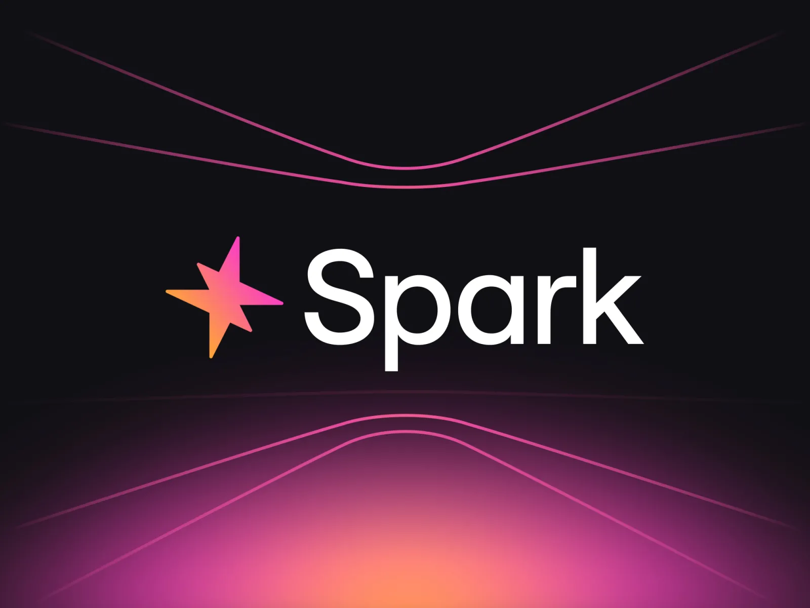 Gradient star icon next to the word Spark on a dark background with pink and orange glowing lines.