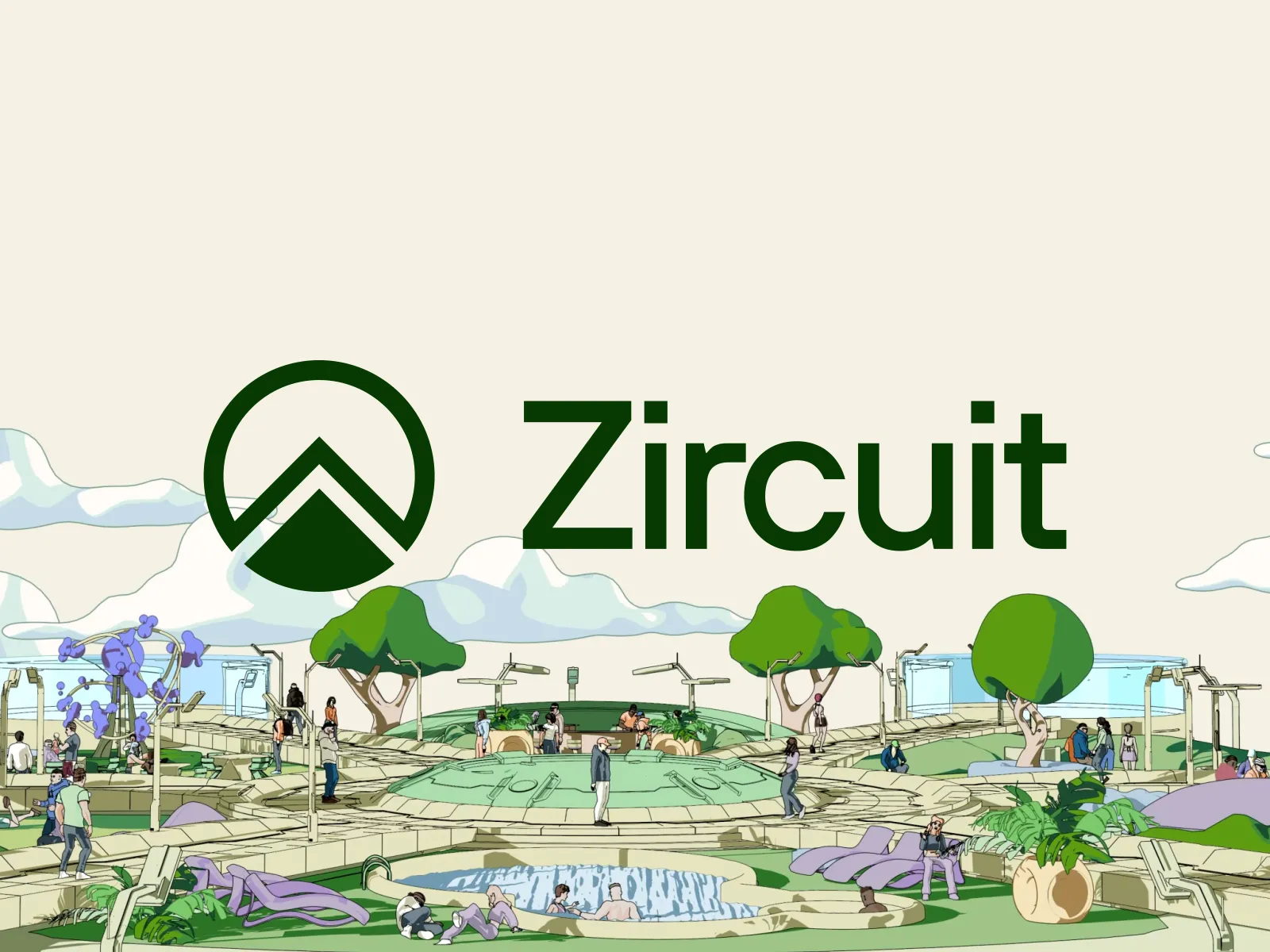 Illustration of a futuristic park with a pool, trees, and people relaxing, featuring the logo and text 'Zircuit' above.
