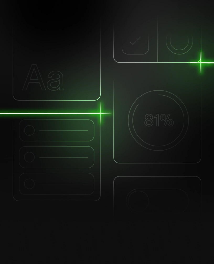 Dark interface with faint outlines of UI elements including a text style icon, checkboxes, toggle switches, and a circular progress indicator showing 81%, highlighted by glowing green crosses.