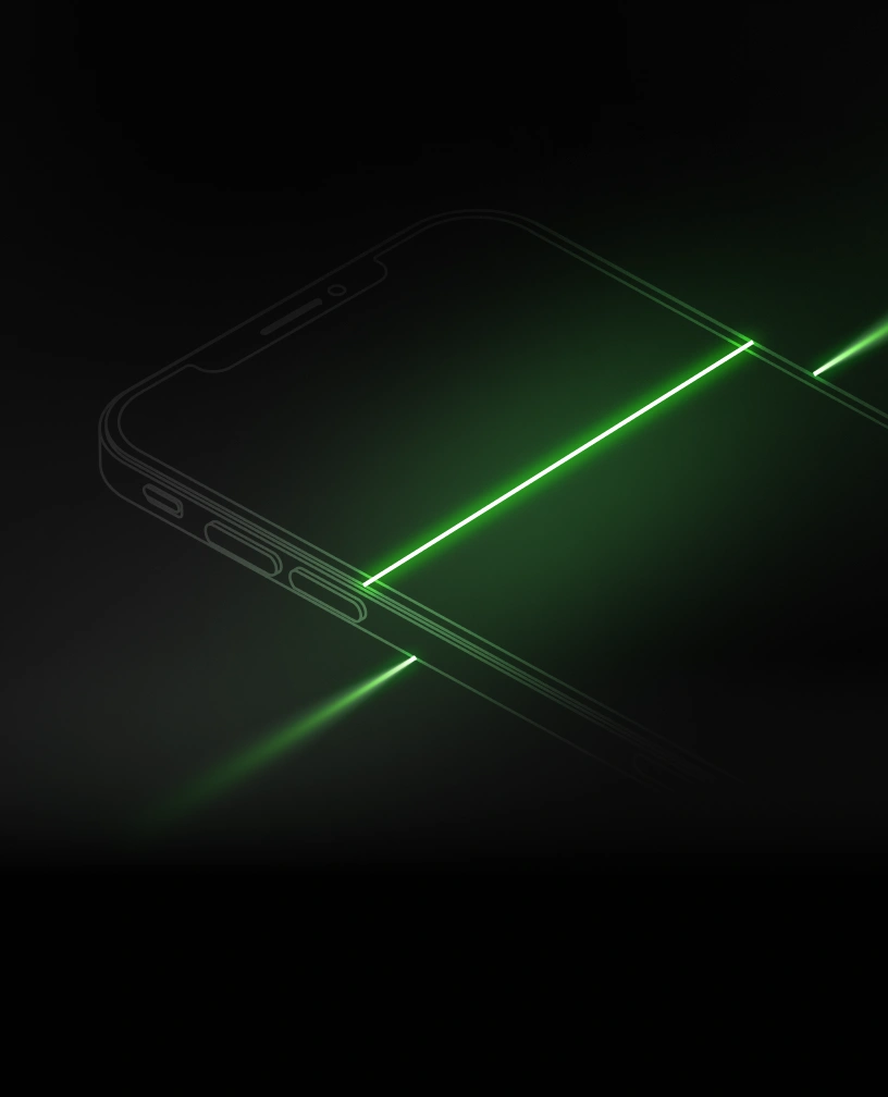 Outline of a smartphone with a green laser beam cutting diagonally through the screen on a black background.