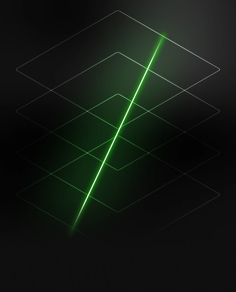 Glowing green diagonal light streak passing through multiple transparent layered squares on a dark background.
