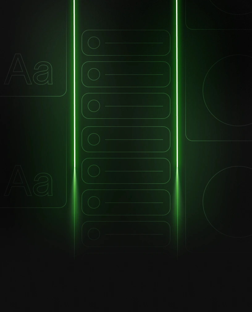 Dark interface with a central column of seven horizontal bars each with a small circle on the left, bordered by two vertical glowing green lines, with faint outlines of text and shapes in the background.
