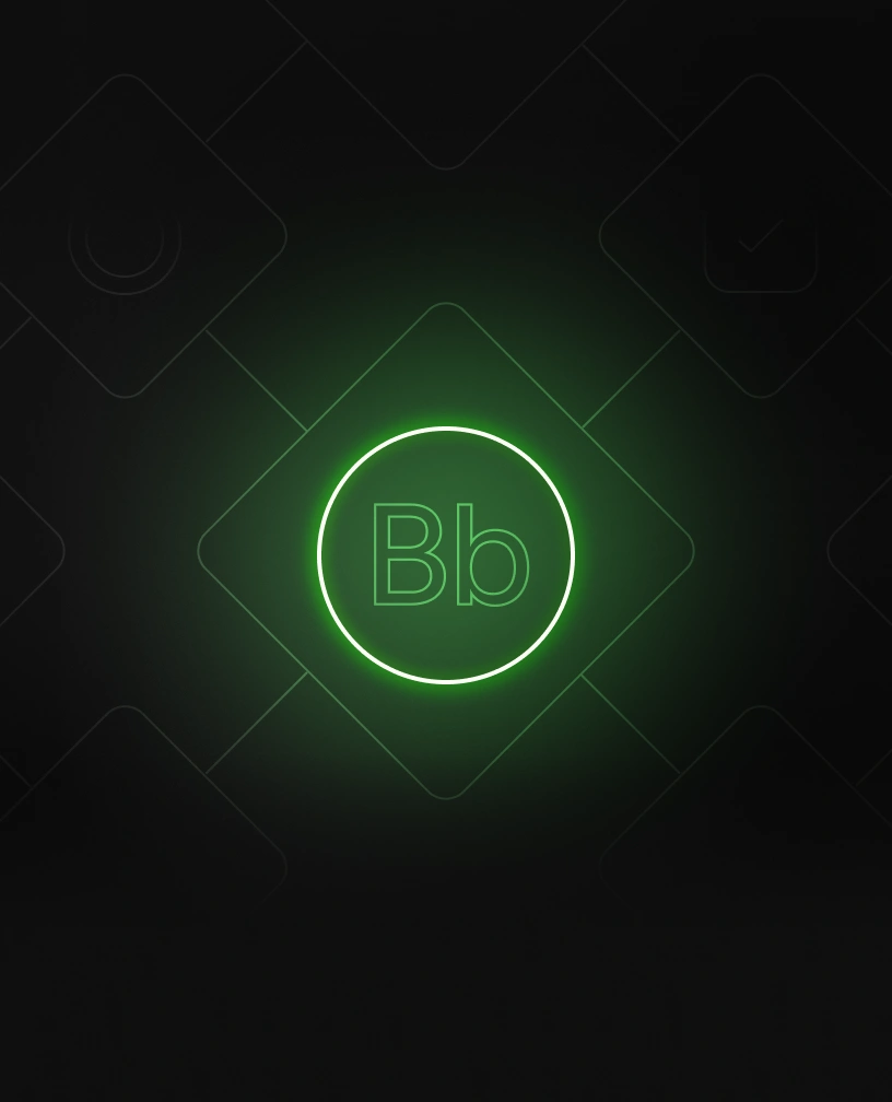 Glowing green circle with letters 'Bb' in the center on a dark background with faint geometric shapes.