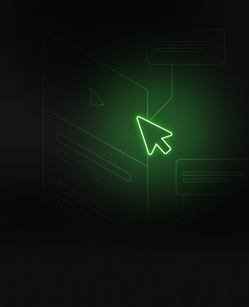 Glowing green mouse cursor pointing at abstract UI interface with connected text boxes on dark background.