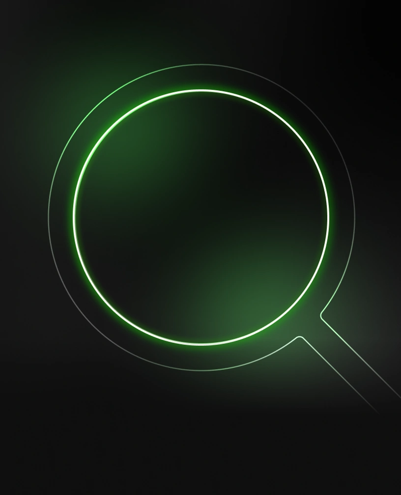 Glowing green neon magnifying glass icon on a dark background.