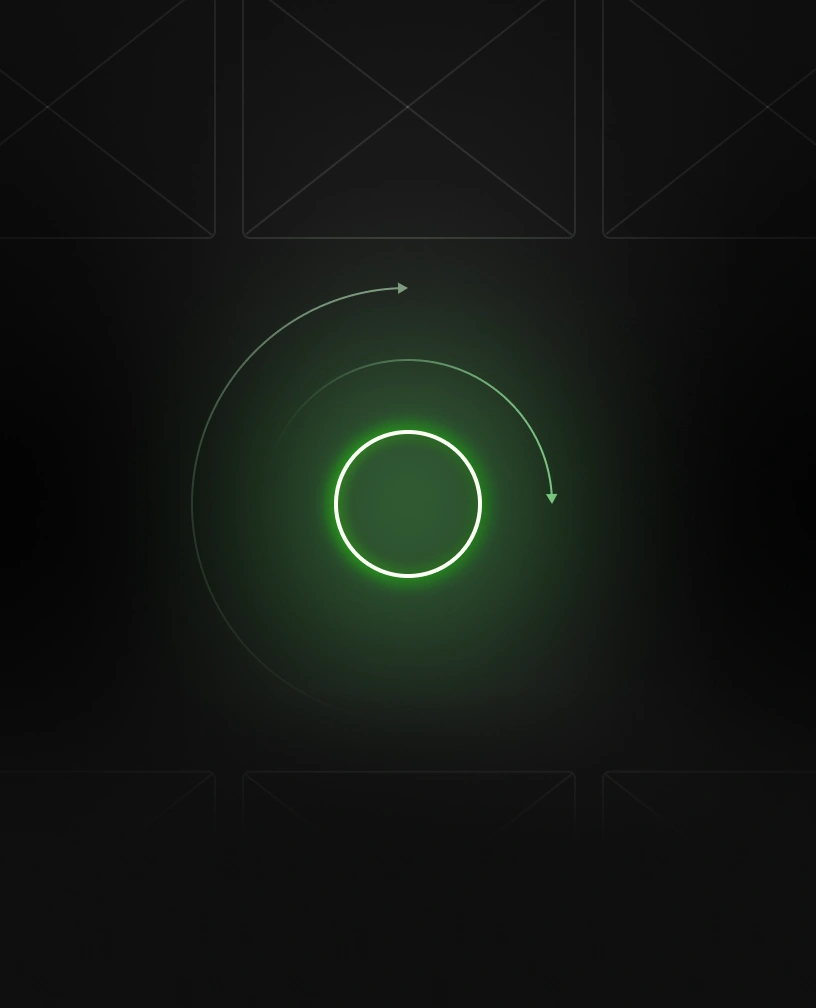 Glowing green circular loading icon with two curved arrows on a dark background.