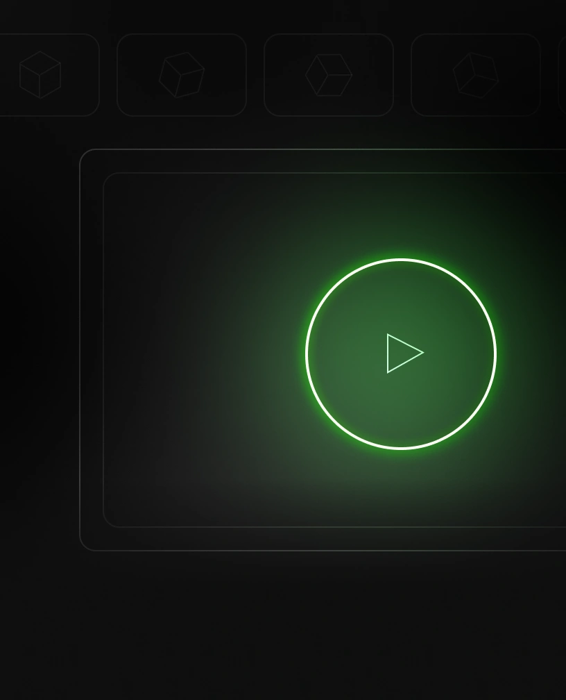 Glowing green circular play button icon on a dark background.