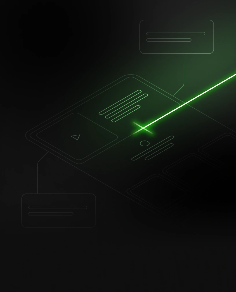 Green laser beam scanning over a translucent, wireframe mobile app interface with text boxes and icons on a dark background.