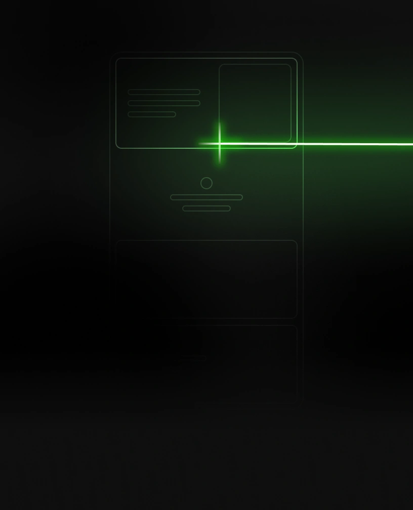 Faint green outlines of a webpage layout highlighted by a bright green laser scanning horizontally across the screen on a black background.