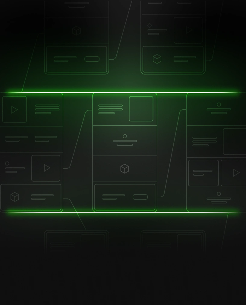 Abstract UI wireframe layout with a glowing green rectangular outline highlighting the central section on a dark background.